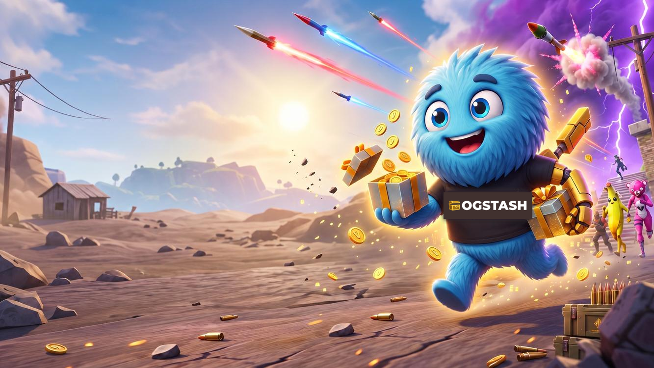OGSTASH mascot carrying gift boxes and V-Bucks